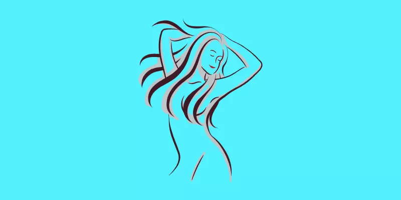Dibujo de una mujer desnuda con su pelo cubriendo sus pechos